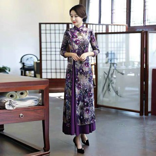 HÀNG NHẬP - ĐẦM NHUNG HOA TÍM PHỐI LỤA CỔ TÀU