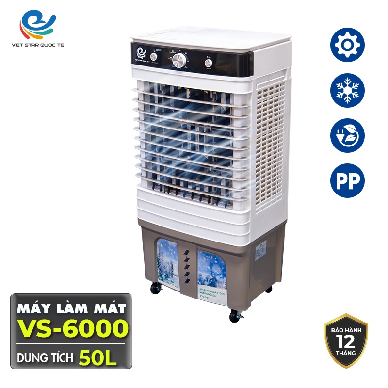Quạt hơi nước VIET STAR VS-6000 -Ngắt Nước Tự Động- Công suất 130W -50L-Làm lạnh 4 chiều-Tặng 2 đá khô-bảo hành 12 tháng