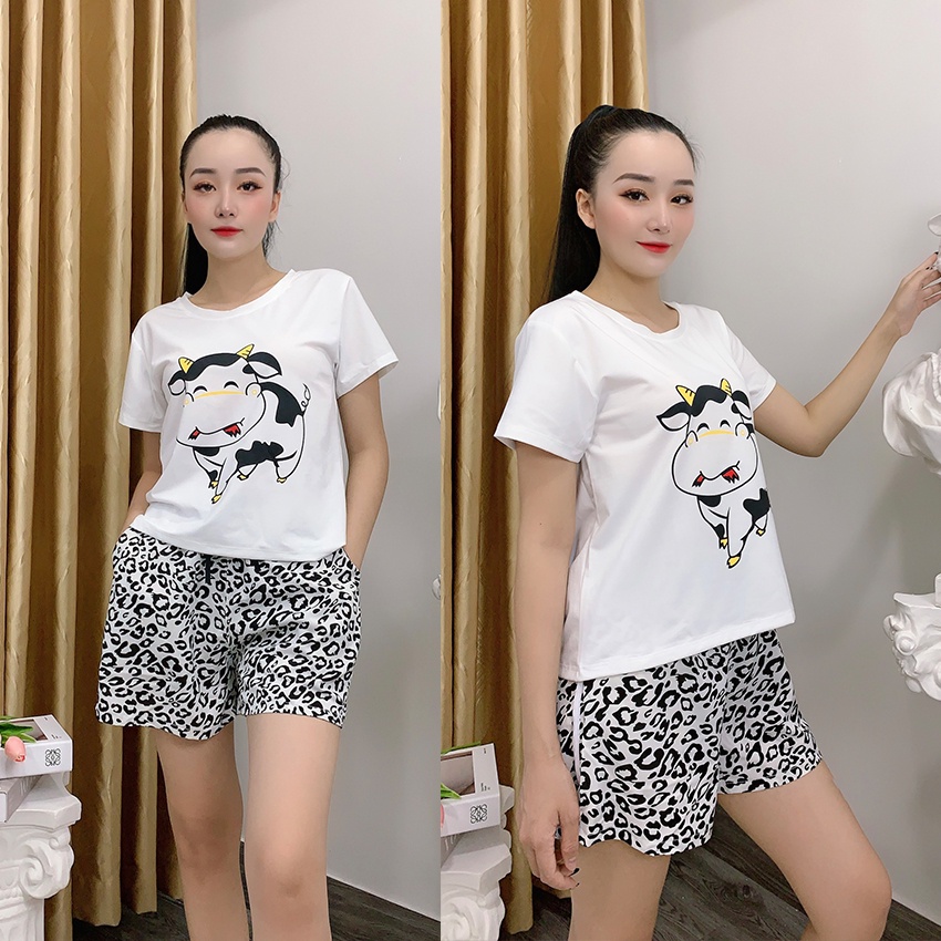 Đồ Bộ Nữ Mặc Nhà Anquachi Bò Sữa Đẹp Thun Cotton Nữ Mặc Ngủ Ở Nhà Dễ Thương Quần Đùi Cute A051