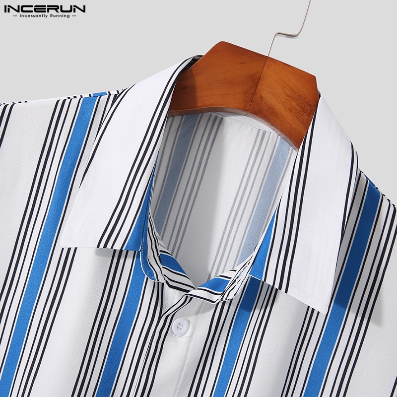 Áo sơ mi INCERUN tay dài dáng ngắn họa tiết kẻ sọc thời trang màu hè cho nam