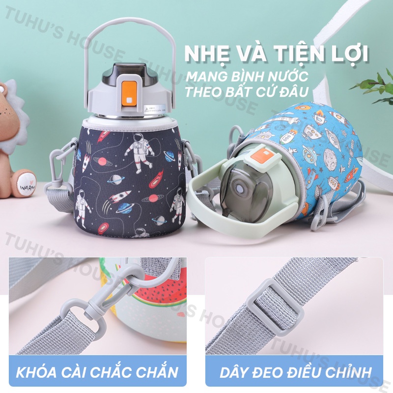 Túi đựng bình giữ nhiệt 1L kèm dây đeo họa tiết hoạt hình, quai xách ly giữ nhiệt đa dạng mẫu mã – TUHUHOUSE