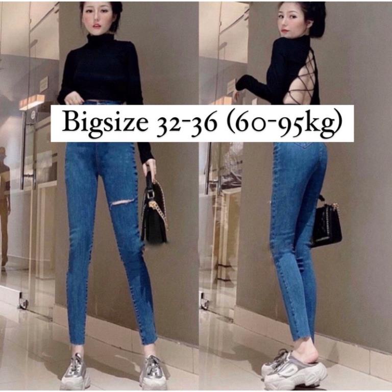 Quần Jean Skinny Xanh Đậm Rách 1 Đùi Tua Lai, Jean Co Giãn Lưng Siêu Cao * !