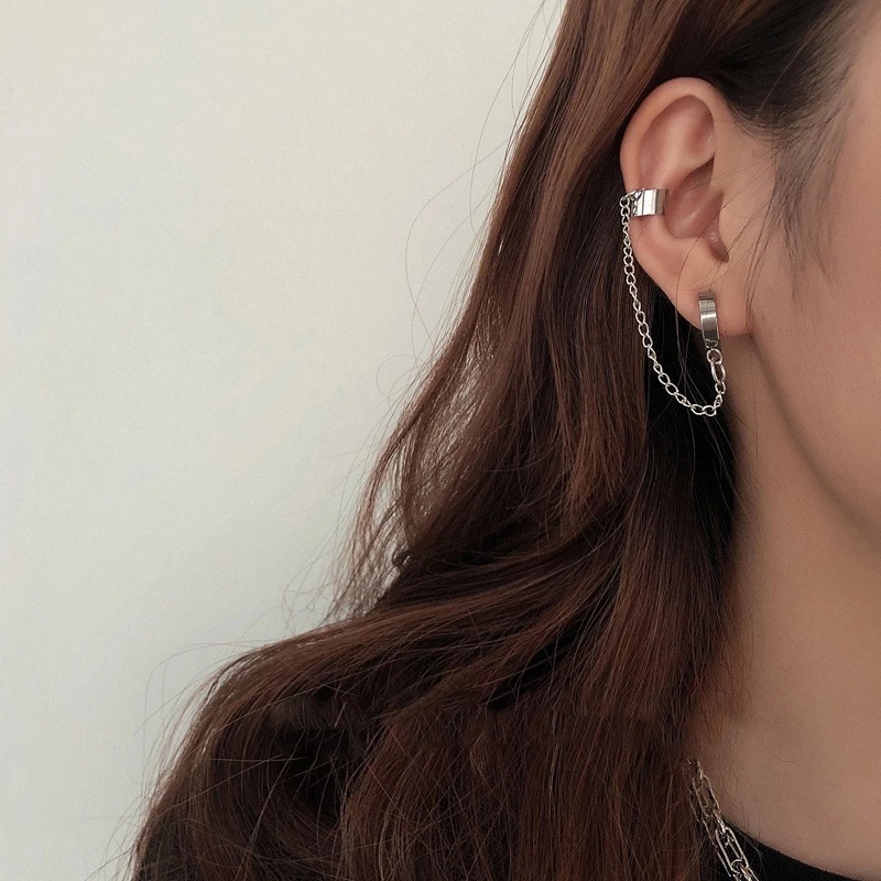 Khuyên Tai Dạng Dây Xích Bằng Thép Không Gỉ Màu Bạc Thời Trang Phong Cách Punk Unisex