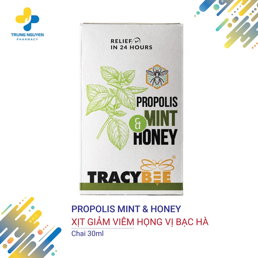 Keo Ong Xanh Brazil dạng xịt giảm viêm họng vị Bạc hà Propolis Mint & Honey Tracybee 30ml