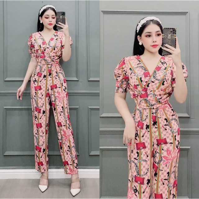 Jumpsuit hoa tay phồng thiết kế