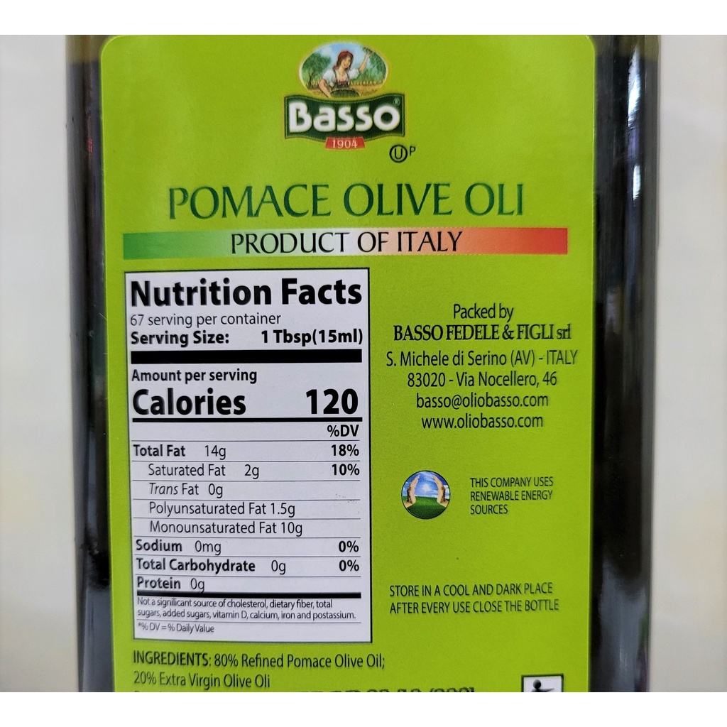 [CHAI LỚN 1 Lít – POMACE ] DẦU Ô LIU TINH CHẾ [Italia] BASSO Pomace Olive Oil (euf)