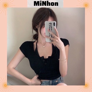 Áo kiểu croptop nữ tay ngắn phối dây cúc thật