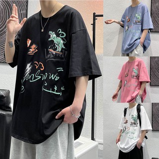 [M-8xl] Áo thun nam ngắn tay mùa hè chất béo cỡ lớn không cổ graffiti họa tiết hoạt hình Áo cặp đôi Hàn Quốc
