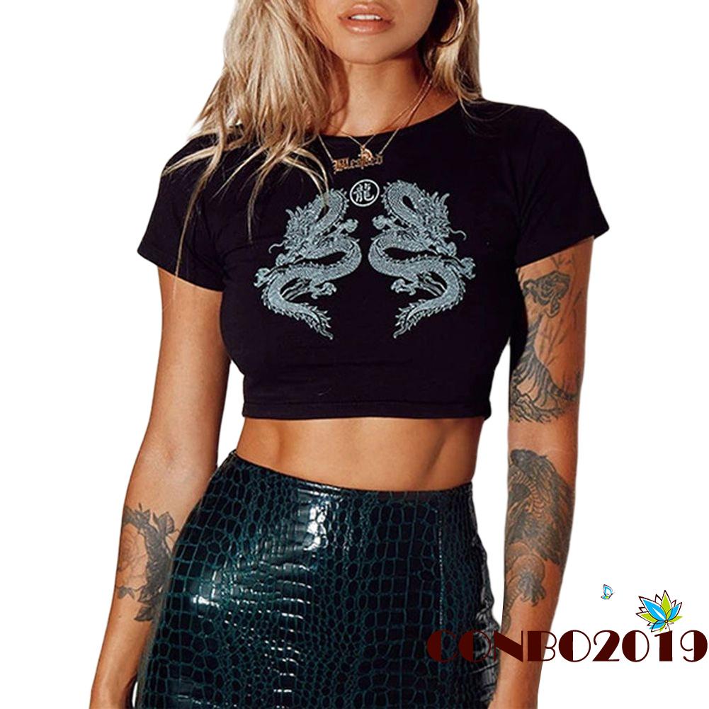 Áo Croptop Ngắn Tay In Họa Tiết Rồng Cá Tính Dành Cho Nữ