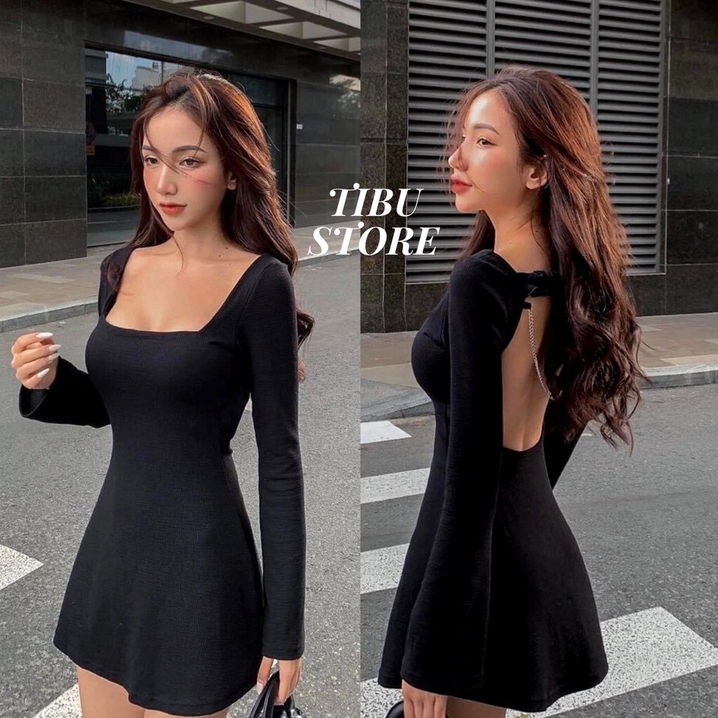 Đầm body nữ đen hở lưng tay dài TiBu, váy ôm dáng sexy cổ thuyền phối lưng dây xoắn mặc đi chơi, dự tiệc