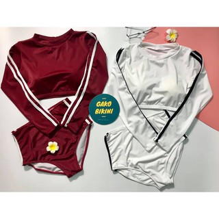 Bikini 2 mảnh tay dài màu đỏ đô