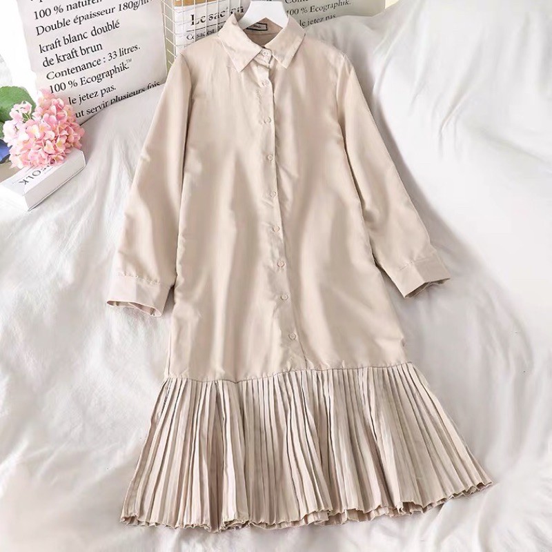 Sét váy sơ mi chân đuối cá và áo gile len dáng dài