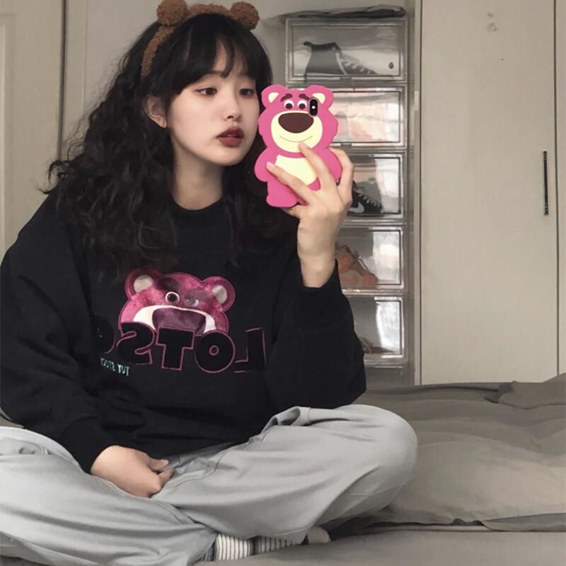 Jiashucheng Flow Áo Sweatshirt Mỏng Cổ Tròn Dáng Rộng Thêu Hình Gấu Phong Cách Mới Xuân Thu Cho Nữ