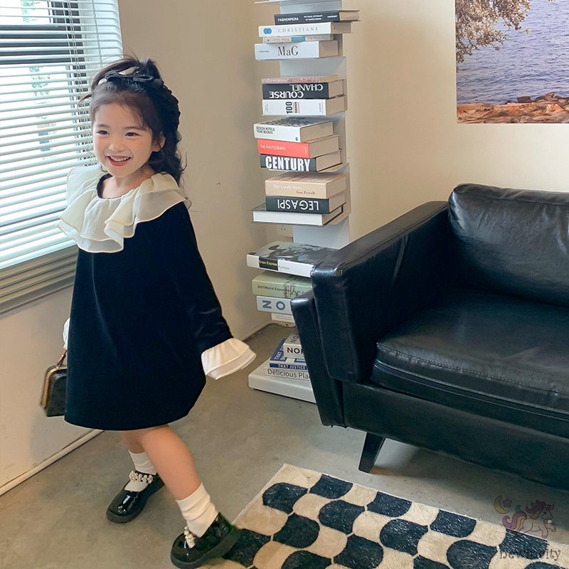 Đầm Nhung Cổ Bèo Phong Cách Chic Hàn Quốc Xinh Xắn Cho Bé Gái