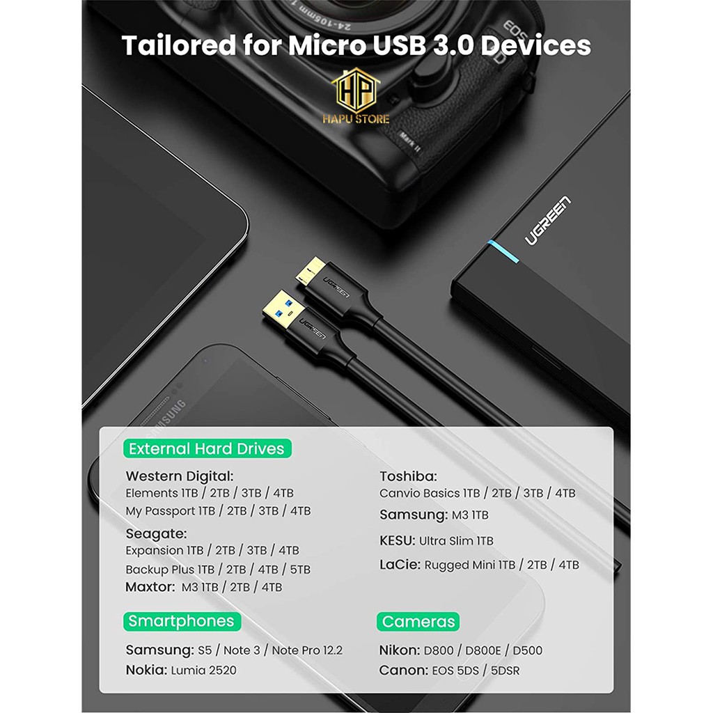 Cáp Micro USB 3.0 Ugreen 10841 dài 1m mạ vàng chính hãng - Hapustore