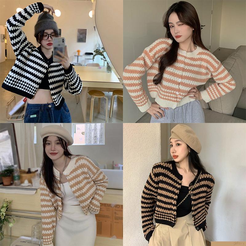 Áo khoác cardigan dệt kim cổ tròn dáng rộng họa tiết kẻ sọc phong cách Hàn Quốc cho nữ