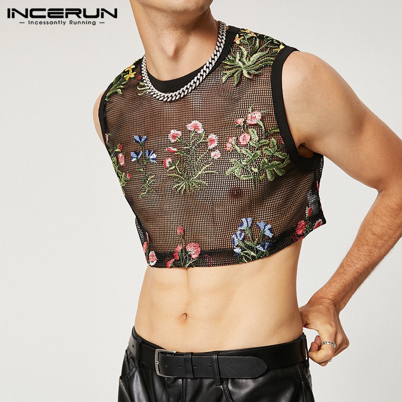 Áo ba lỗ INCERUN thêu hoa thời trang cho nam