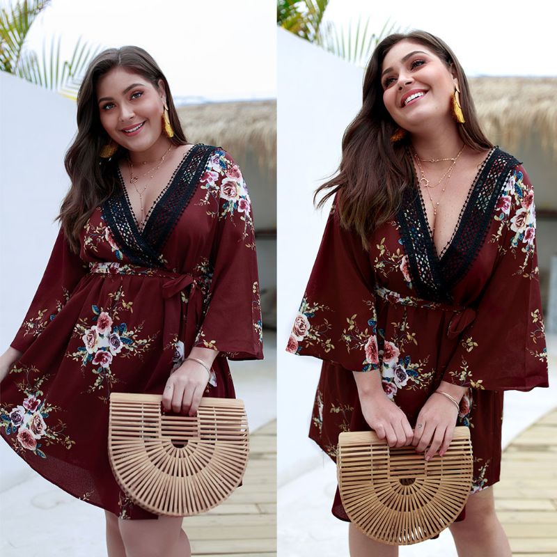 Đầm Ren Hoa Cổ V Sâu Thời Trang Mùa Hè Dành Cho Nữ 3 / 4 S Plus