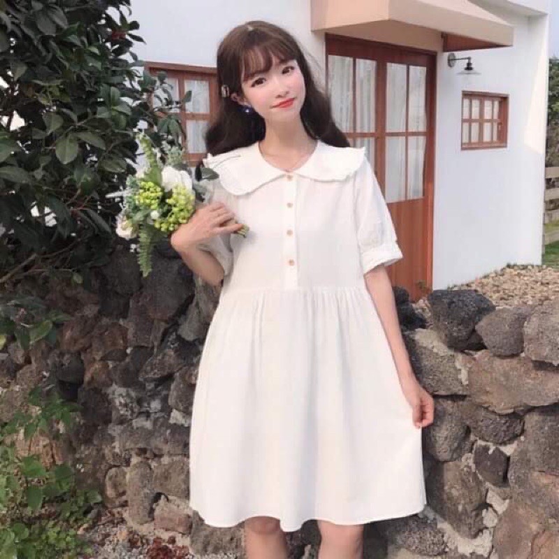 ĐẦM BABYDOLL CỔ BÈO KHUY CÀI ❤️VÁY dáng XOÈ TAY NGẮN❤️ CHẤT KATE MÁT MỊN QUÀ TẶNG ĐẶC BIỆT