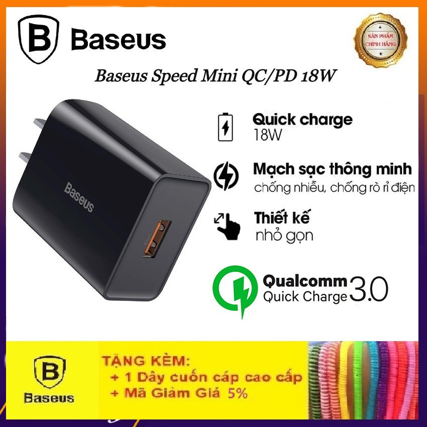 Củ Sạc Nhanh 18W USB-ACAO CẤPCủ Sạc Baseus Speed Mini QC Single U- Cốc Sạc Nhanh Hỗ Trợ Quick Charge 3.0 Chính Hãng