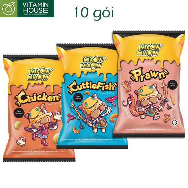 Snack Khổng Lồ Miaow Miaow 10 bịch Mix 3 Vị Tôm Gà Cay và Mực 150g [Vitamin House]