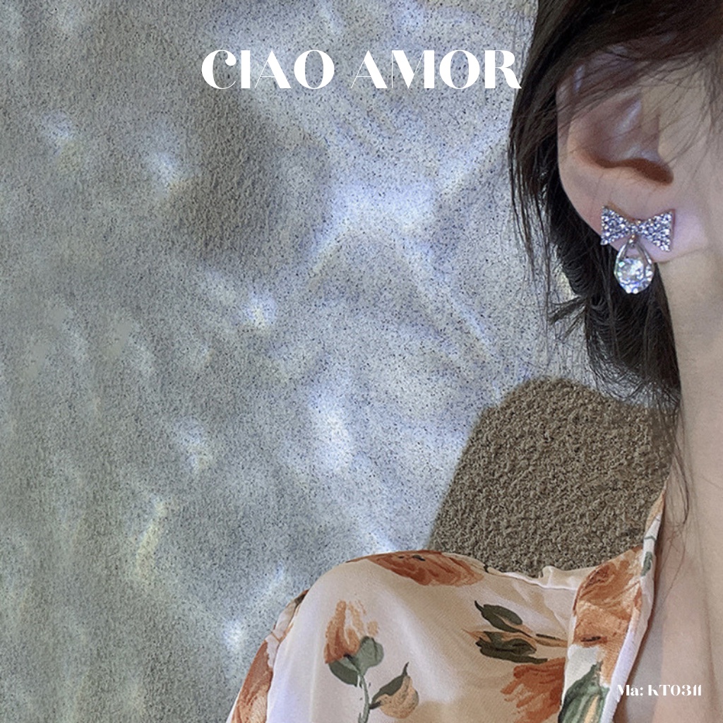 Khuyên tai nữ, Bông tai nữ nụ nơ bạc đính đá to dưới Trang sức Ciao Amor - KT0311