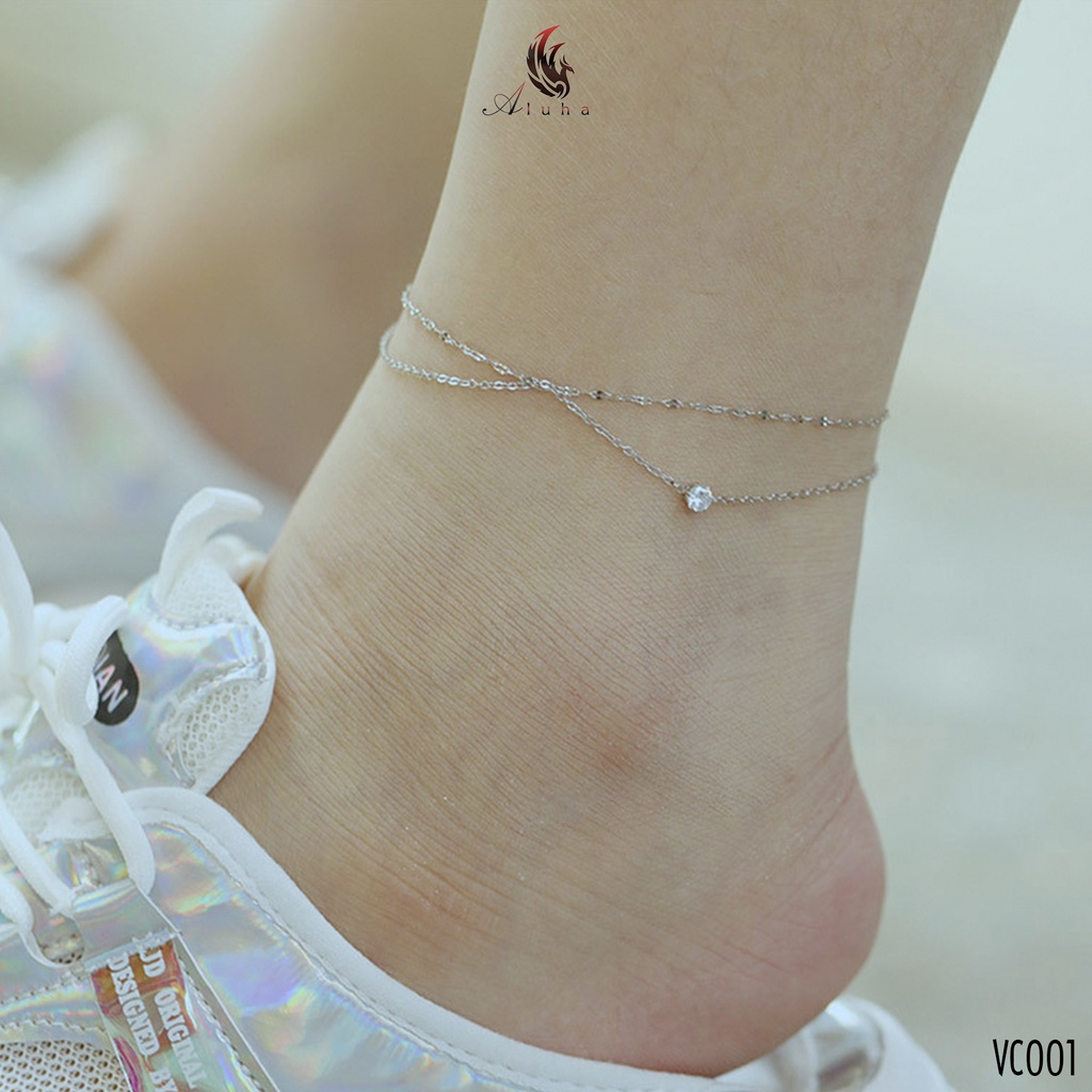Vòng chân Titan không rỉ kiểu Pháp, thiết kế hai lớp đính đá Zirconia 4mm lên chân cực xinh - VC001 - Aluha
