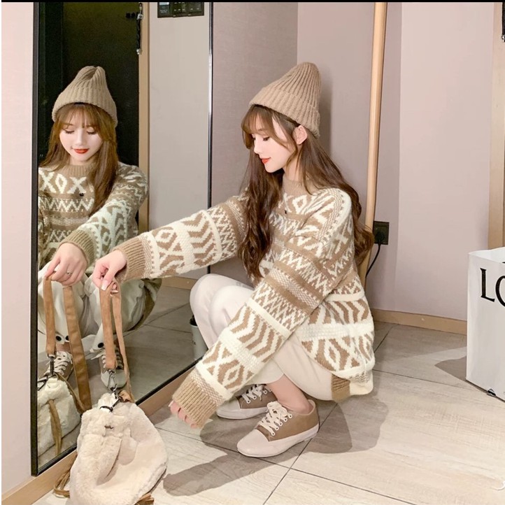 Áo len nữ lông thỏ phẩy họa tiết viền XO (kèm video,ảnh thật)