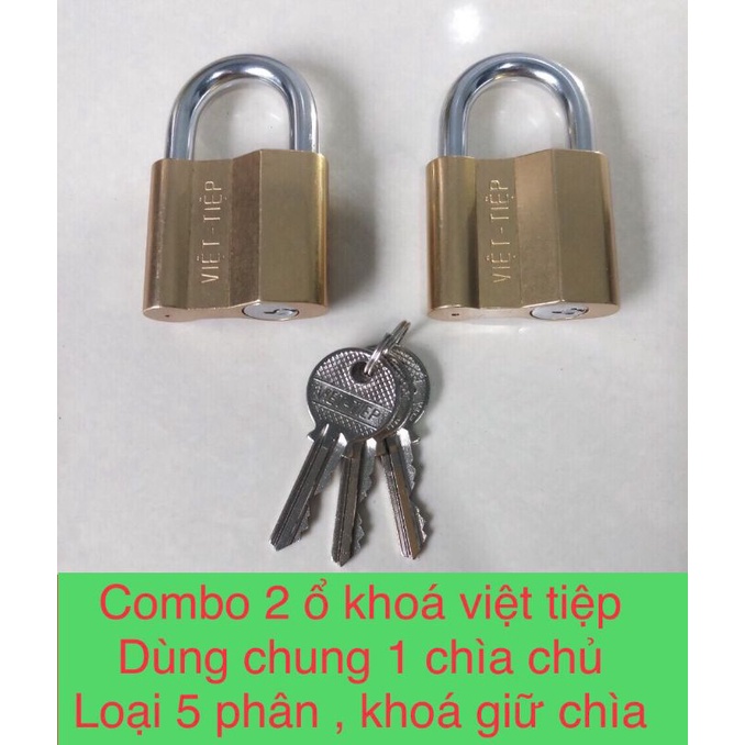 Combo 2 ổ khóa việt tiệp dùng chung 1 chìa ( loại 5 phân , khóa giữ chìa , gồm 3 chìa sơ cua )