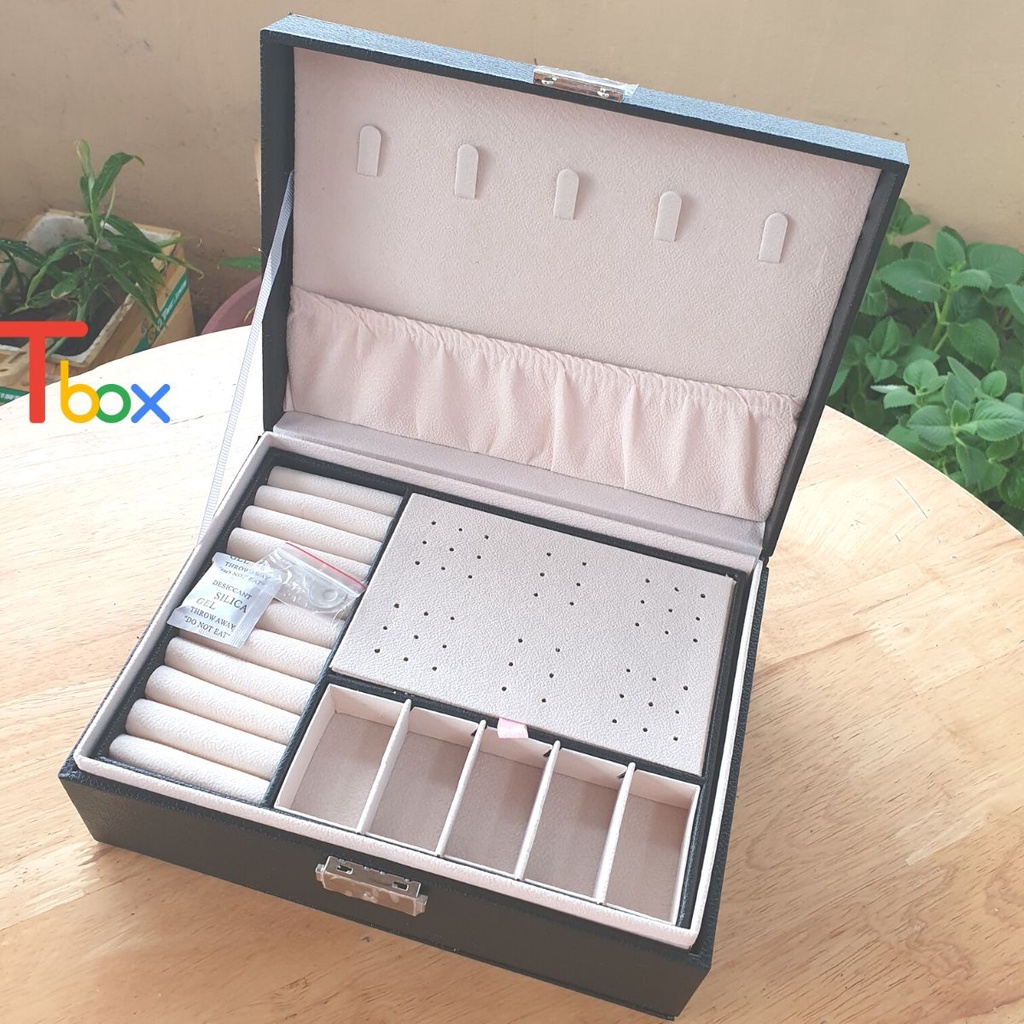 Hộp đựng trang sức Hộp trưng bày trang sức bọc da thiết kế 2 tầng sang trọng