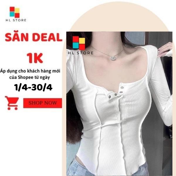 Áo thun nữ dài tay ôm body phối nút bấm dạng cổ chữ U 2 màu basic trắng, đen chất thun gân dày dặn co giãn tốt  HL03