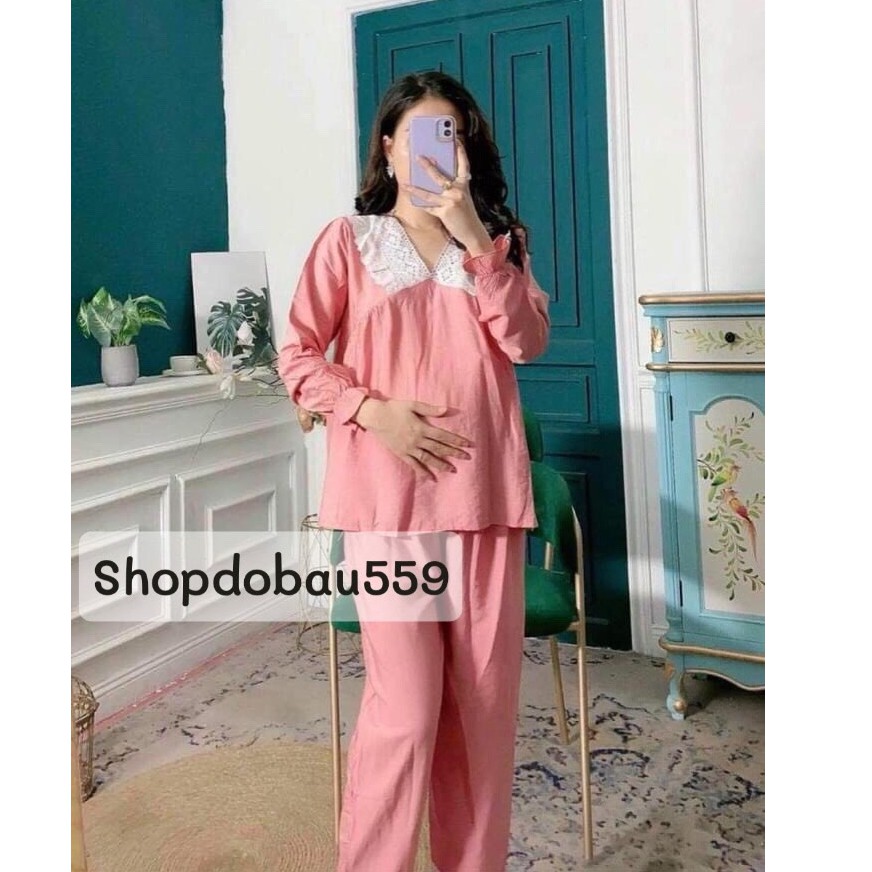 Bộ bầu và sau sinh dài tay chất đũi có khóa kéo cho bé bú sau sinh, cổ ren trang trí cho mẹ bầu từ 48 - 72kg