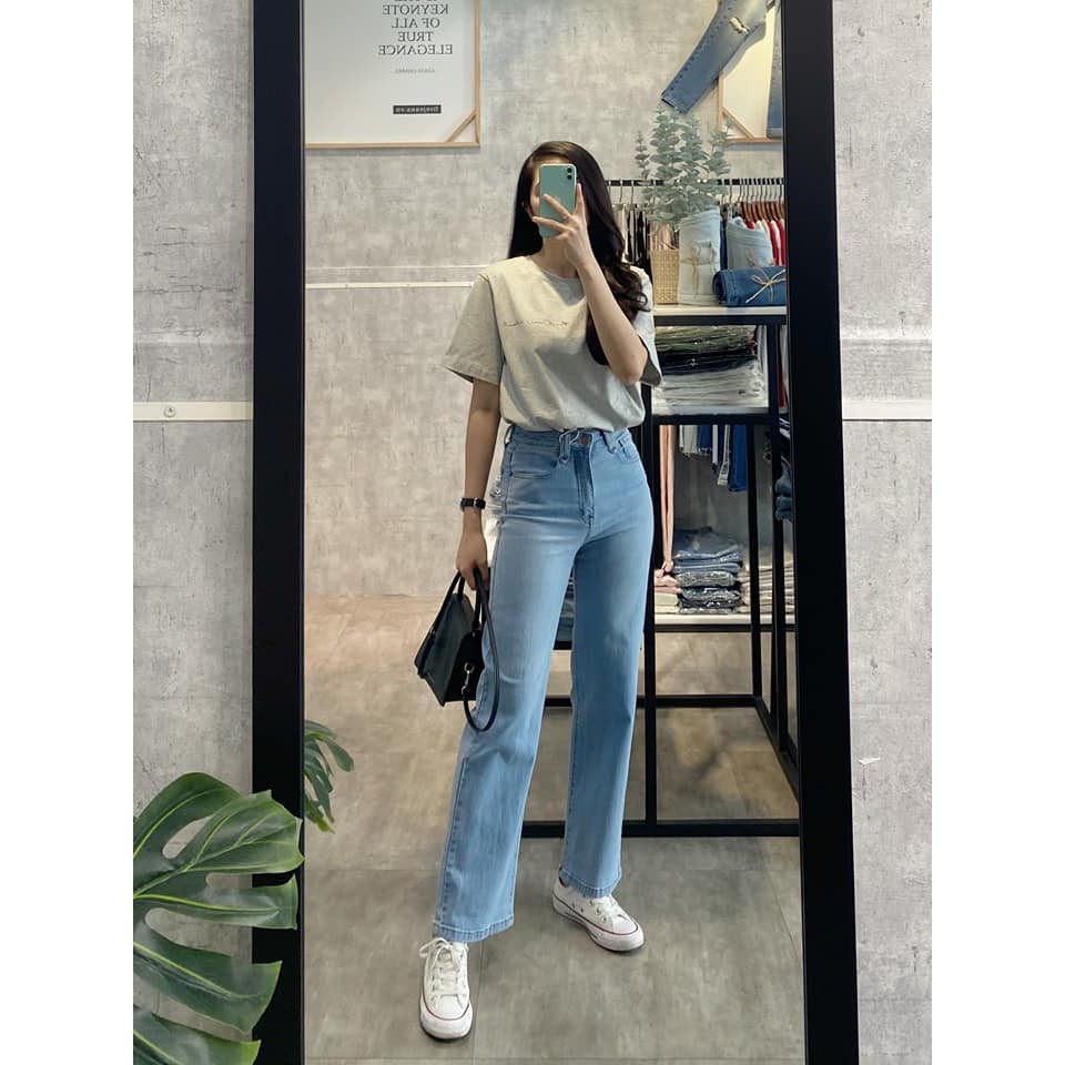 Quần Jeans nữ ống xuông ôm lưng cao màu xanh nhạt phong cách Five Jeans
