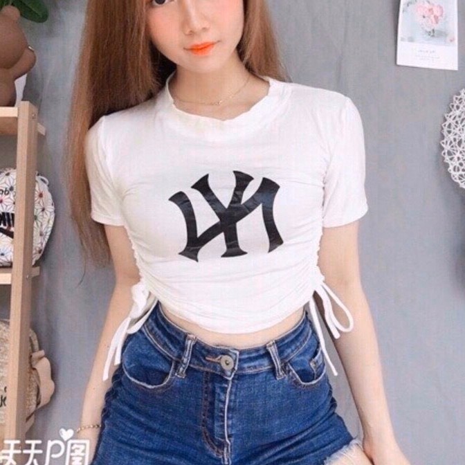 Áo thun lụa croptop rút dây 2 bên in chữ Ny sang chảnh