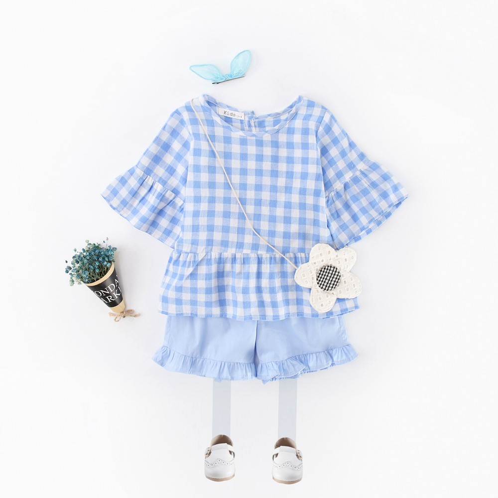 Bộ Đồ Sanlutoz 2 Món Tay Ngắn Màu Xanh Dương Kẻ Sọc Thời Trang Cho Bé Gái