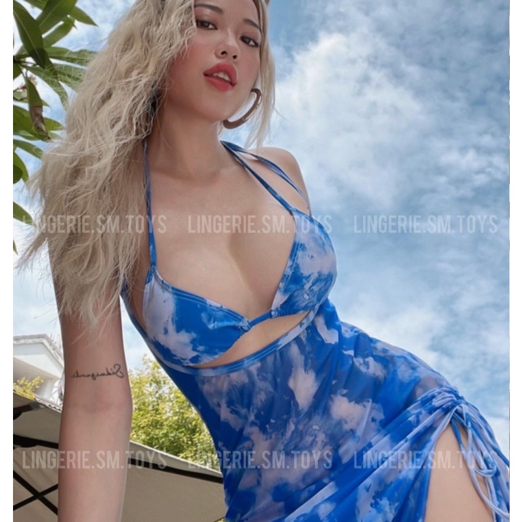 BY020 - Bikini Loang Kèm Váy Voan Dài Xẻ Tà Gợi Cảm Quyến Rũ - Đầm Đi Biển Kết Hợp Đồ Bơi Nữ Sexy
