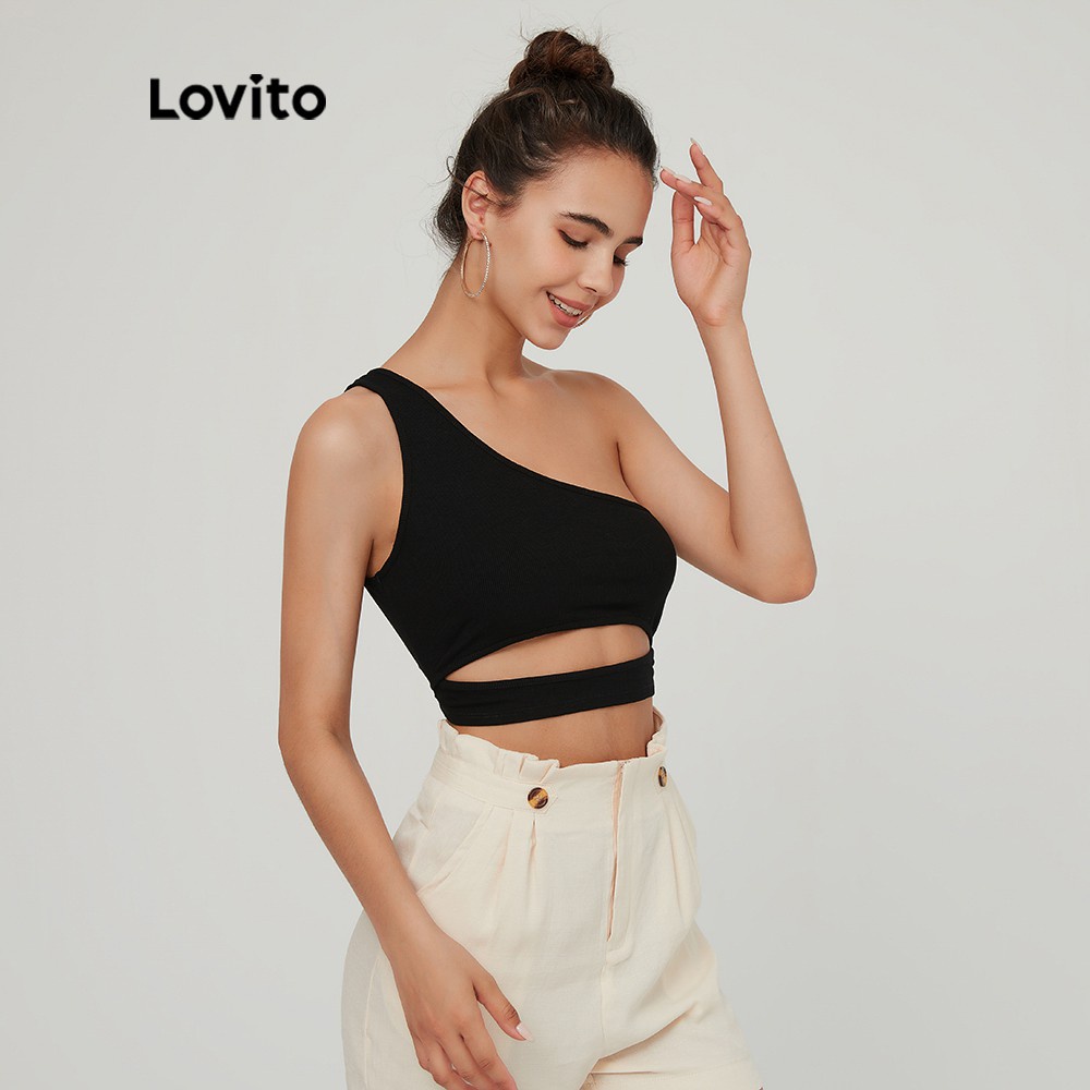 Áo Crop Top Dây Lovito Kiểu Lệch Vai Bất Đối Xứng Màu Trơn TKMDSYP1028 (Màu Đen)