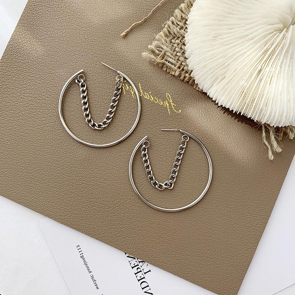 Bông Tai Dạng Vòng Phối Dây Xích Bằng Kim Loại Phong Cách Hip Hop Thời Trang Cho Nữ