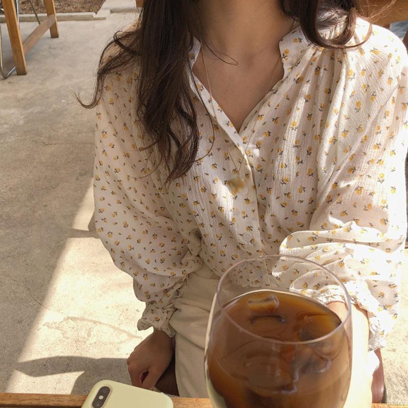 Áo Voan Dài Tay In Hoa Xinh Xắn Theo Phong Cách Hàn Quốc