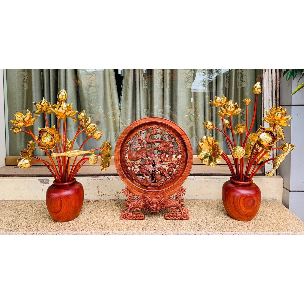( HÀNG XUẤT KHẨU) Bình hoa sen gỗ hương dát vàng cao 95 cm