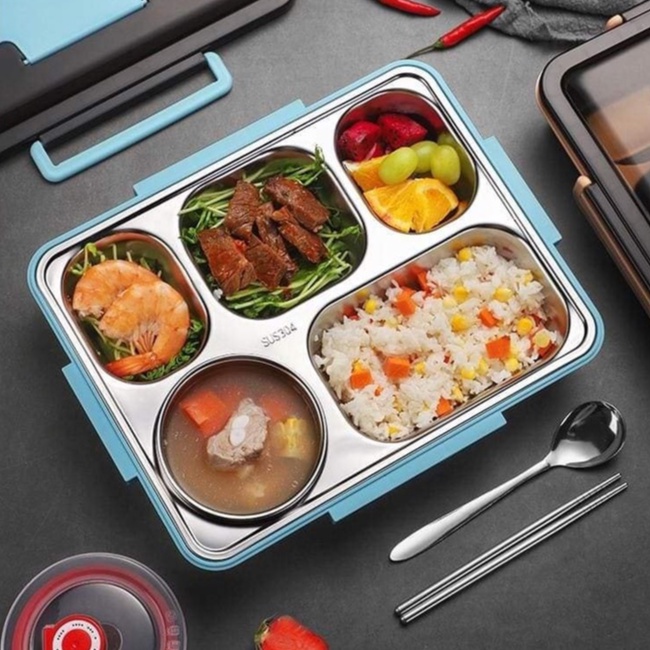 Hộp Cơm Văn Phòng Khay Inox 5 Ngăn Có Bát Để Canh Bọc Nhựa Bên Ngoài - Có Giá Điện Thoại Tặng Thìa Đũa Inox Cao Cấp