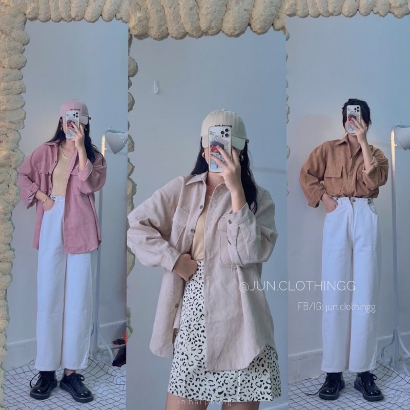 Áo khoác nhẹ dáng sơmi nhung gân gài nút unisex ulzzang nam nữ