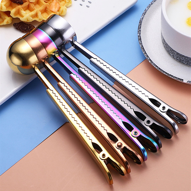 Stainless Steel Measuring Spoon Food Bag Sealing Clip Creative Coffee Bean Spoon Clamp 2 In 1 Kitchen Tool