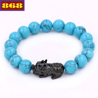 Vòng chuỗi đeo tay san hô xanh biển sọc 10 ly - Chuỗi đeo tay tỳ hưu đen VSHXBSTHE10