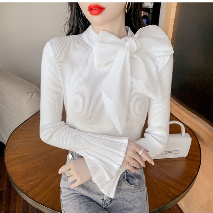 Áo dệt kim ZHELIHANGFEI tay dài thắt nơ dễ phối đồ thời trang xinh xắn cho nữ