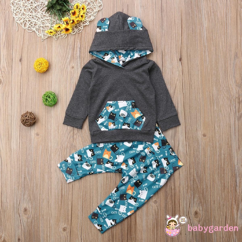 Áo hoodies có tai có quần dài in hình mèo con dễ thương cho bé