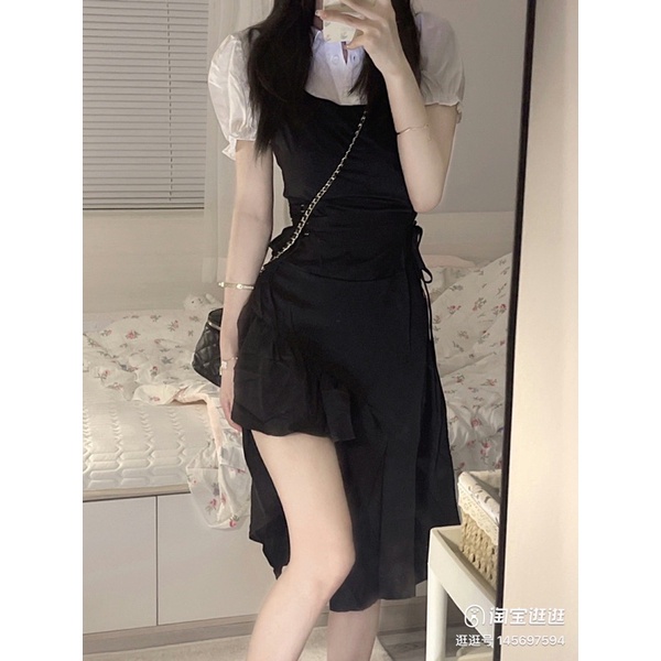 Set bộ váy yếm 2 món: áo sơ mi + váy đầm eo đan dây cá tính