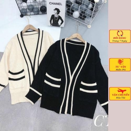 Áo cardigan len nữ oversize dáng dài phom rộng viền đen trắng ulzzang Hàn Quốc mùa thu đông