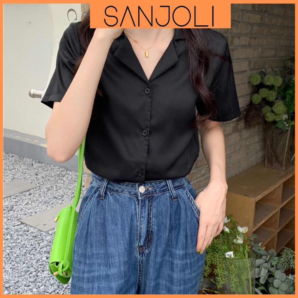 Áo Sơ Mi SANJOLI Áo Croptop Kiểu Nữ Form Rộng Cổ Sơmi Tay Ngắn Phong Cách Ulzzang Đẹp Màu Đen Trắng AO003