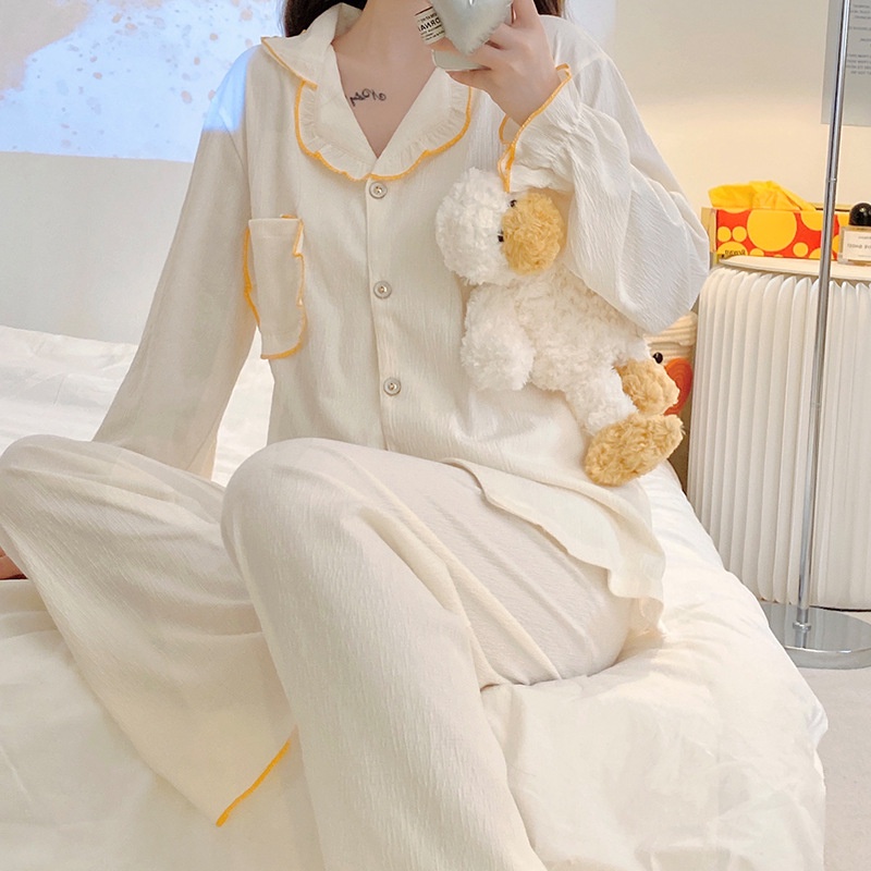 Đồ ngủ nữ pijama mặc nhà cao cấp áo dài quần dài chất vải thô hàn mềm mại  La108